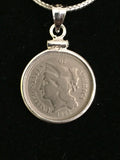 1865 Three-Cent Nickel Necklace with Silver Chain and Bezel